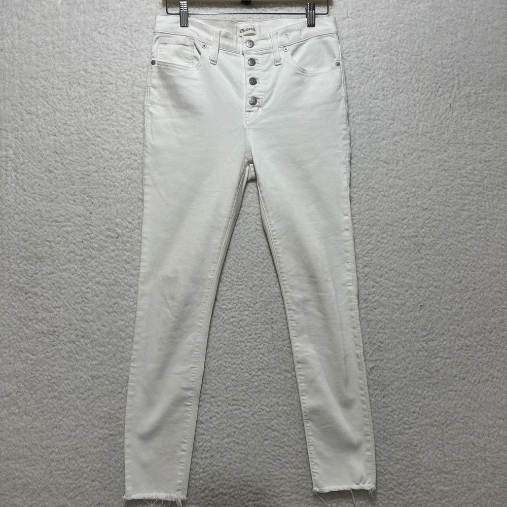 Madewell 9" Mid-Rise Button Fly Pure White Women's‎ Skinny Jeans Raw Hem Size 29